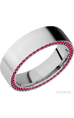 7 mm wide/Flat/14K White Gold band with a Side Eternity arrangement of .01 carat Round Ruby stones in a Bead Channel setting.