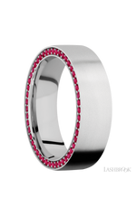 7 mm wide/Flat/14K White Gold band with a Side Eternity arrangement of .01 carat Round Ruby stones in a Bead Channel setting.