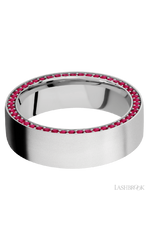 7 mm wide/Flat/14K White Gold band with a Side Eternity arrangement of .01 carat Round Ruby stones in a Bead Channel setting.