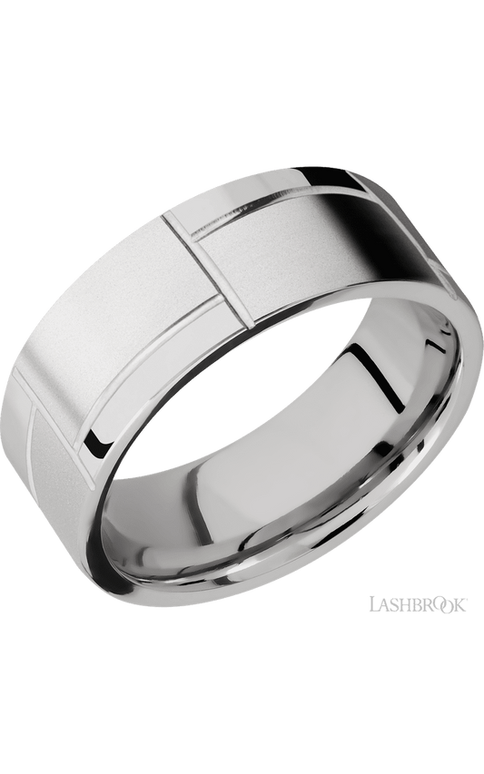 8 mm wide/Flat/14K White Gold band with a machined 3GOCHR pattern.