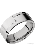 8 mm wide/Flat/14K White Gold band with a machined 3GOCHR pattern.