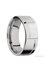 8 mm wide/Flat/14K White Gold band with a machined 3GOCHR pattern.