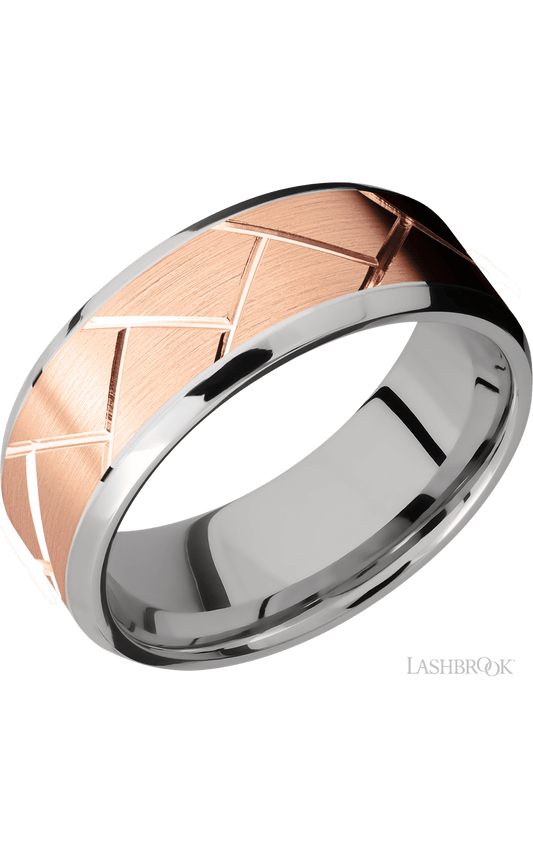 8 mm wide/Beveled/14K White Gold band with one 6 mm Centered inlay of 14K Rose Gold with a machined Flatweave pattern.
