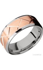8 mm wide/Beveled/14K White Gold band with one 6 mm Centered inlay of 14K Rose Gold with a machined Flatweave pattern.