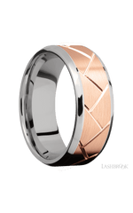 8 mm wide/Beveled/14K White Gold band with one 6 mm Centered inlay of 14K Rose Gold with a machined Flatweave pattern.