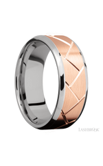 8 mm wide/Beveled/14K White Gold band with one 6 mm Centered inlay of 14K Rose Gold with a machined Flatweave pattern.