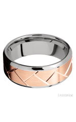 8 mm wide/Beveled/14K White Gold band with one 6 mm Centered inlay of 14K Rose Gold with a machined Flatweave pattern.