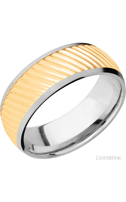 8 mm wide/Domed/14K White Gold band with one 6 mm Centered inlay of 14K Yellow Gold with a machined Ripple pattern.