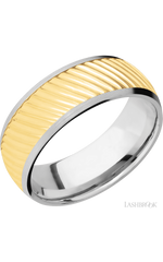 8 mm wide/Domed/14K White Gold band with one 6 mm Centered inlay of 14K Yellow Gold with a machined Ripple pattern.