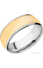 8 mm wide/Domed/14K White Gold band with one 6 mm Centered inlay of 14K Yellow Gold with a machined Ripple pattern.