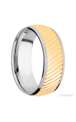 8 mm wide/Domed/14K White Gold band with one 6 mm Centered inlay of 14K Yellow Gold with a machined Ripple pattern.