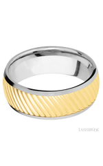 8 mm wide/Domed/14K White Gold band with one 6 mm Centered inlay of 14K Yellow Gold with a machined Ripple pattern.