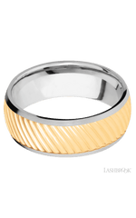 8 mm wide/Domed/14K White Gold band with one 6 mm Centered inlay of 14K Yellow Gold with a machined Ripple pattern.