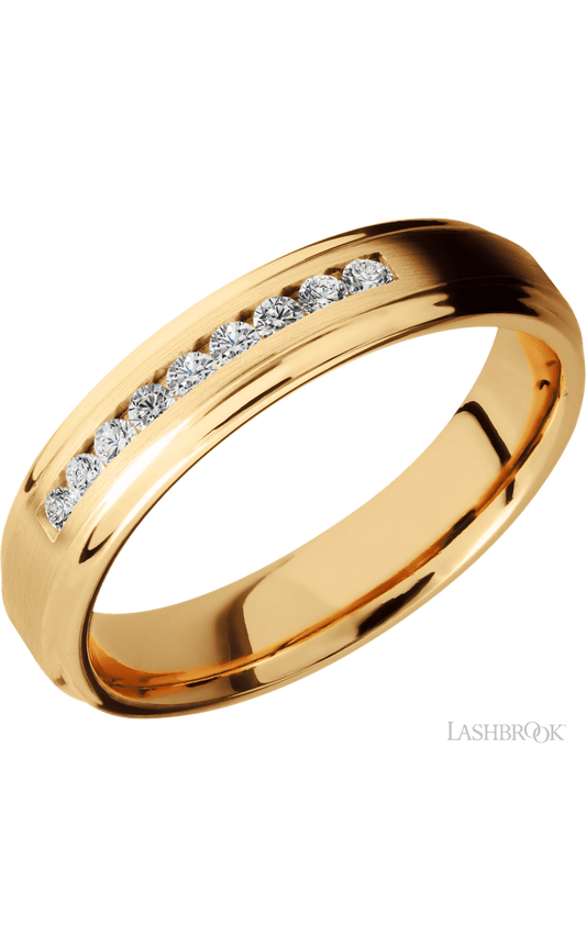 5 mm wide/Flat Grooved Edges/14K Yellow Gold band with an arrangement of 9, .03 carat Round Diamond stones in a Channel setting.