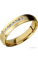5 mm wide/Flat Grooved Edges/14K Yellow Gold band with an arrangement of 9, .03 carat Round Diamond stones in a Channel setting.