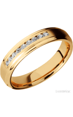 5 mm wide/Flat Grooved Edges/14K Yellow Gold band with an arrangement of 9, .03 carat Round Diamond stones in a Channel setting.
