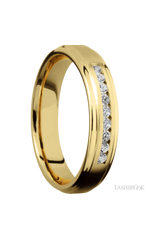 5 mm wide/Flat Grooved Edges/14K Yellow Gold band with an arrangement of 9, .03 carat Round Diamond stones in a Channel setting.