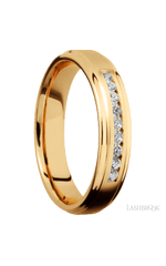 5 mm wide/Flat Grooved Edges/14K Yellow Gold band with an arrangement of 9, .03 carat Round Diamond stones in a Channel setting.