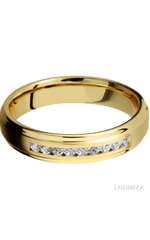 5 mm wide/Flat Grooved Edges/14K Yellow Gold band with an arrangement of 9, .03 carat Round Diamond stones in a Channel setting.