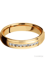 5 mm wide/Flat Grooved Edges/14K Yellow Gold band with an arrangement of 9, .03 carat Round Diamond stones in a Channel setting.
