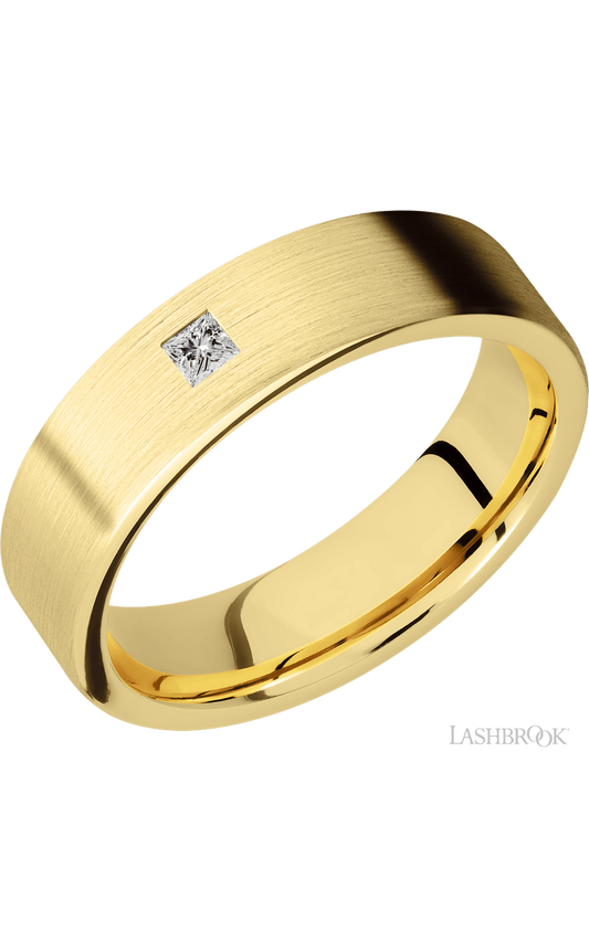 6 mm wide/Flat/14K Yellow Gold band with an arrangement of 1, .1 carat Princess Diamond stones in a Flush setting.