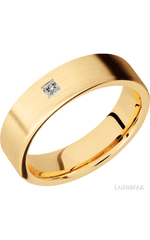 6 mm wide/Flat/14K Yellow Gold band with an arrangement of 1, .1 carat Princess Diamond stones in a Flush setting.