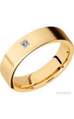 6 mm wide/Flat/14K Yellow Gold band with an arrangement of 1, .1 carat Princess Diamond stones in a Flush setting.