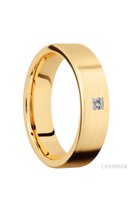 6 mm wide/Flat/14K Yellow Gold band with an arrangement of 1, .1 carat Princess Diamond stones in a Flush setting.
