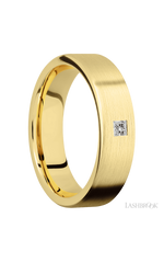 6 mm wide/Flat/14K Yellow Gold band with an arrangement of 1, .1 carat Princess Diamond stones in a Flush setting.