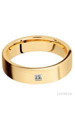 6 mm wide/Flat/14K Yellow Gold band with an arrangement of 1, .1 carat Princess Diamond stones in a Flush setting.