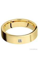 6 mm wide/Flat/14K Yellow Gold band with an arrangement of 1, .1 carat Princess Diamond stones in a Flush setting.