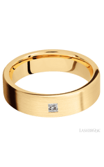 6 mm wide/Flat/14K Yellow Gold band with an arrangement of 1, .1 carat Princess Diamond stones in a Flush setting.