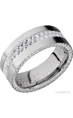 8 mm wide/Flat/14K White Gold band with a Side Eternity arrangement of .01 carat Round Diamond stones in a Bead Channel setting and featuring a a 2 Row Eternity arrangement of .015 carat Round Diamond stones in a Bead Channel setting