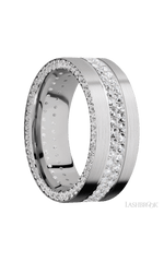 8 mm wide/Flat/14K White Gold band with a Side Eternity arrangement of .01 carat Round Diamond stones in a Bead Channel setting and featuring a a 2 Row Eternity arrangement of .015 carat Round Diamond stones in a Bead Channel setting