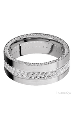 8 mm wide/Flat/14K White Gold band with a Side Eternity arrangement of .01 carat Round Diamond stones in a Bead Channel setting and featuring a a 2 Row Eternity arrangement of .015 carat Round Diamond stones in a Bead Channel setting