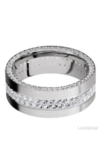 8 mm wide/Flat/14K White Gold band with a Side Eternity arrangement of .01 carat Round Diamond stones in a Bead Channel setting and featuring a a 2 Row Eternity arrangement of .015 carat Round Diamond stones in a Bead Channel setting