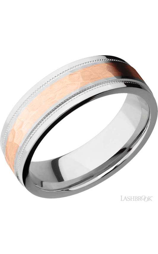 7 mm wide/Flat Stepped Edges Milgrain/Cobalt Chrome band with one 3 mm Centered inlay of 14K Rose Gold.