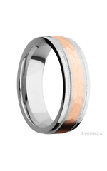 7 mm wide/Flat Stepped Edges Milgrain/Cobalt Chrome band with one 3 mm Centered inlay of 14K Rose Gold.