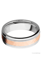 7 mm wide/Flat Stepped Edges Milgrain/Cobalt Chrome band with one 3 mm Centered inlay of 14K Rose Gold.