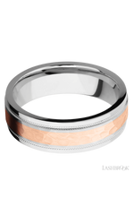 7 mm wide/Flat Stepped Edges Milgrain/Cobalt Chrome band with one 3 mm Centered inlay of 14K Rose Gold.