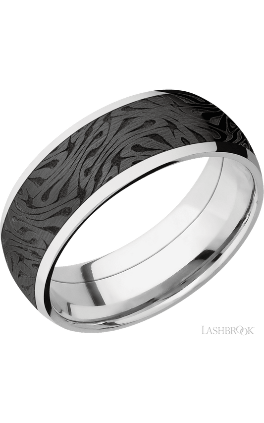 8 mm wide/Domed/Cobalt Chrome band with one 6 mm Centered inlay of Zirconium with a laser carved Escher 1 pattern.