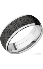 8 mm wide/Domed/Cobalt Chrome band with one 6 mm Centered inlay of Zirconium with a laser carved Escher 1 pattern.