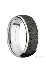 8 mm wide/Domed/Cobalt Chrome band with one 6 mm Centered inlay of Zirconium with a laser carved Escher 1 pattern.