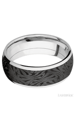 8 mm wide/Domed/Cobalt Chrome band with one 6 mm Centered inlay of Zirconium with a laser carved Escher 1 pattern.