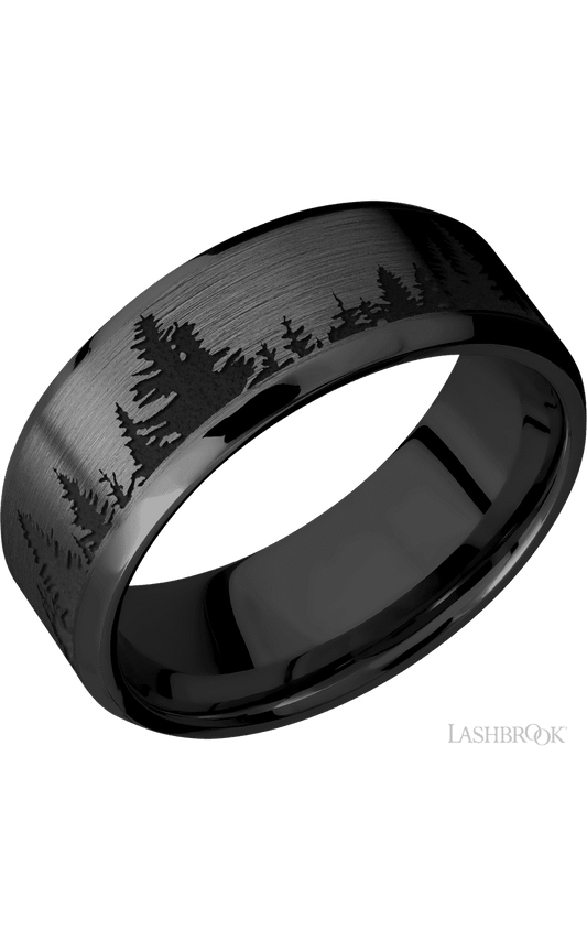 8 mm wide/Beveled/Zirconium band with a laser carved Trees pattern.