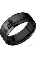8 mm wide/Beveled/Zirconium band with a laser carved Trees pattern.