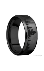 8 mm wide/Beveled/Zirconium band with a laser carved Trees pattern.