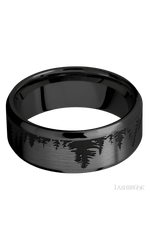 8 mm wide/Beveled/Zirconium band with a laser carved Trees pattern.
