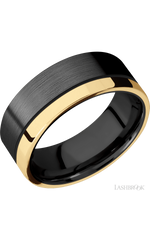 8 mm wide/Flat/Zirconium band with one 2 mm Off Center Edge inlay of 14K Yellow Gold.