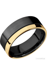8 mm wide/Flat/Zirconium band with one 2 mm Off Center Edge inlay of 14K Yellow Gold.